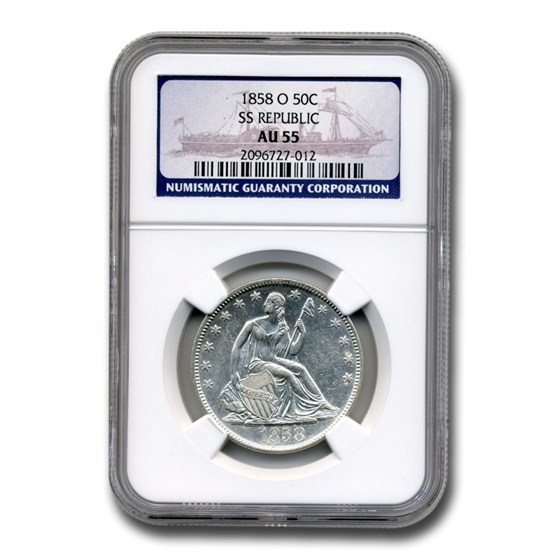 1858-O Liberty Seated Half Dollar AU-55 NGC (SS Republic) 1858-O Liberty Seated Half Dollar AU-55 NGC (SS Republic)